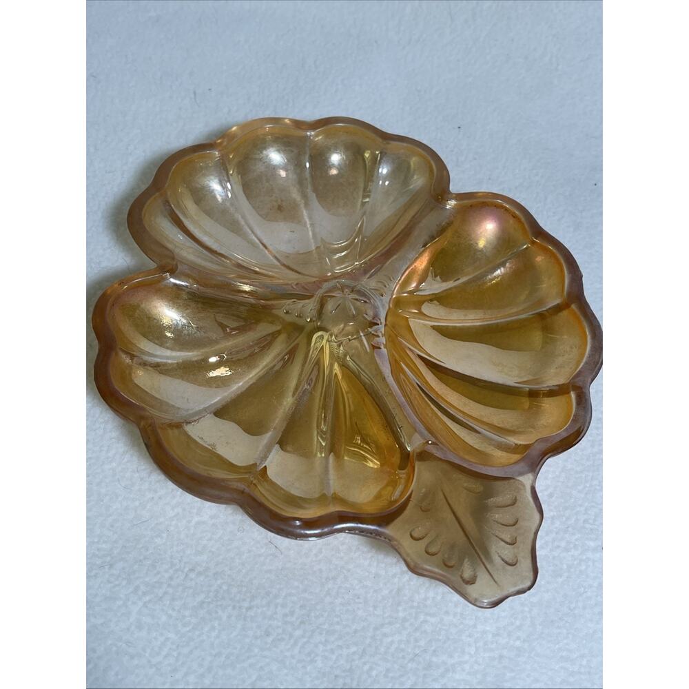 VTG Jeannette Glass Marigold Carnival Glass Doric Pattern Clover Nut Dish